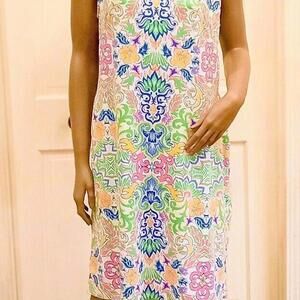 Sunsets & Sweet Tea Midi Dress Sleeveless Stretch Tropical Vibrant Pockets L